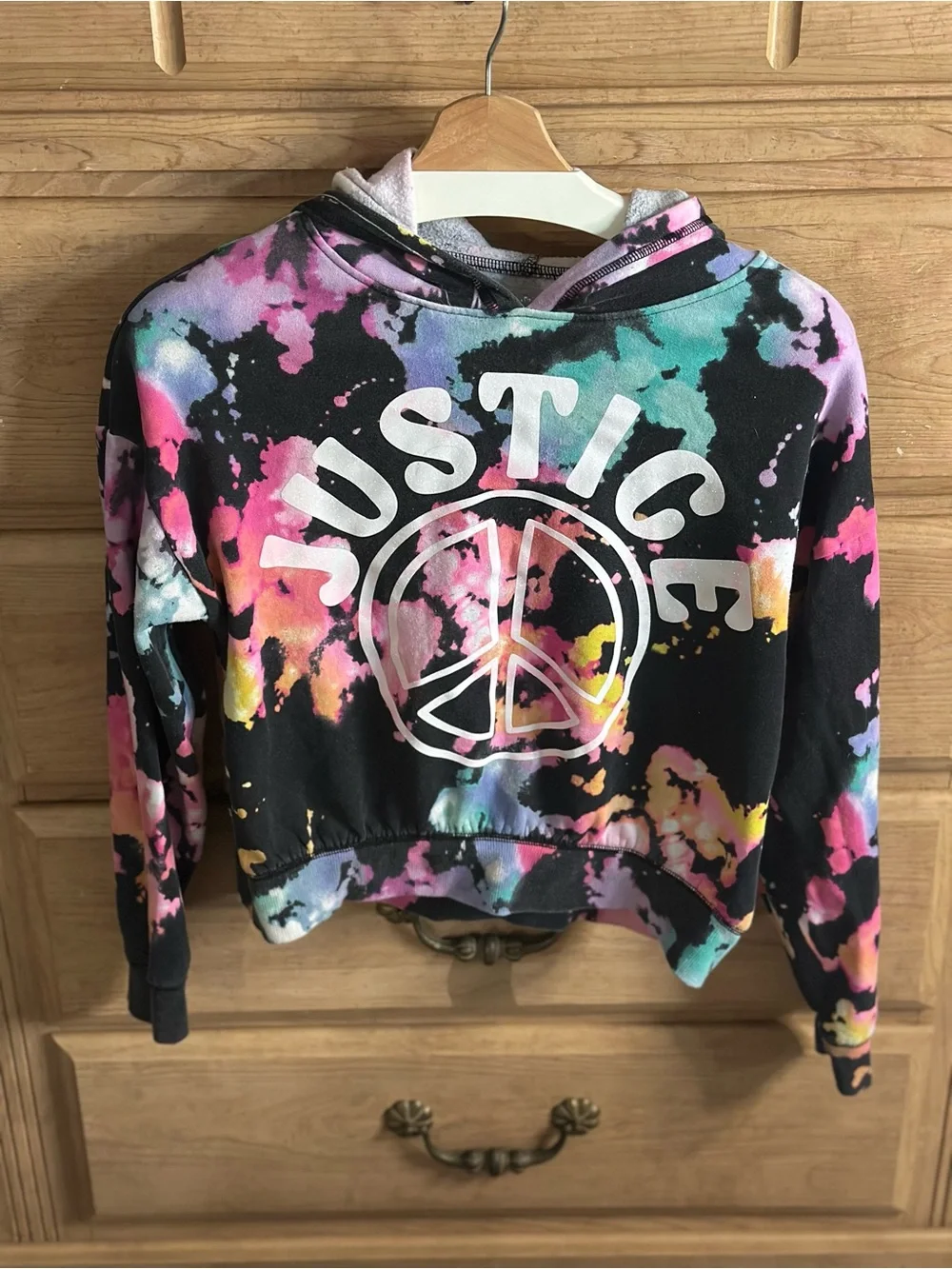 Justice | Girls' Black Baggy Tie-Dye Peace Logo Hoodie | Size Large